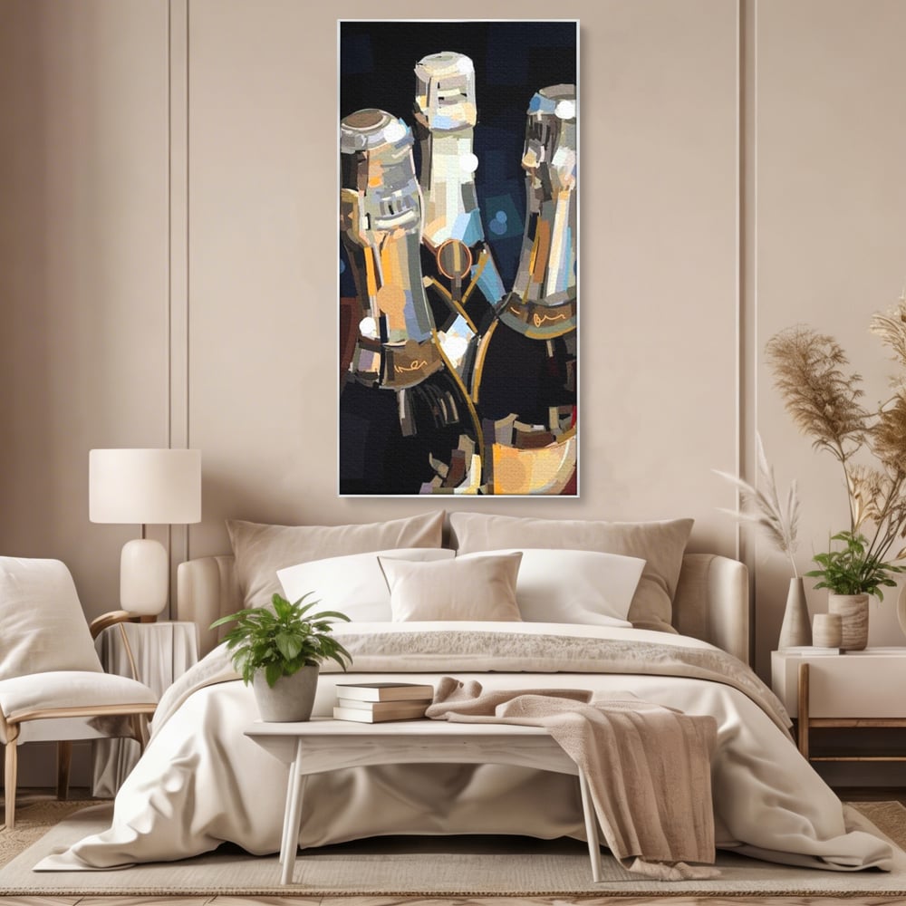 Tablou canvas cu pictura abstracta cu trei sticle de sampanie, in rama de aluminiu argintiu, pe perete intr-un dormitor